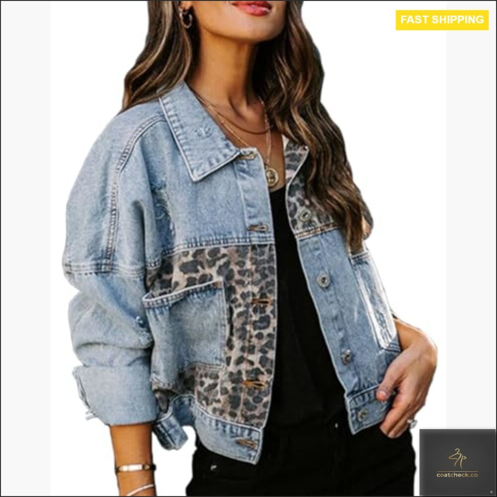 Distressed Denim Jacket Leopard Patchwork Cropped… - image 2
